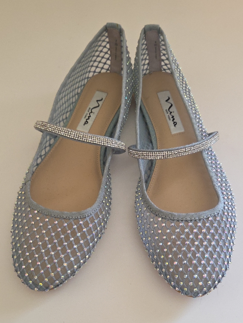 Nina Shoes, PEGGY Ballet Flats, Sky Blue Mesh With Rhinestones, Size 7M